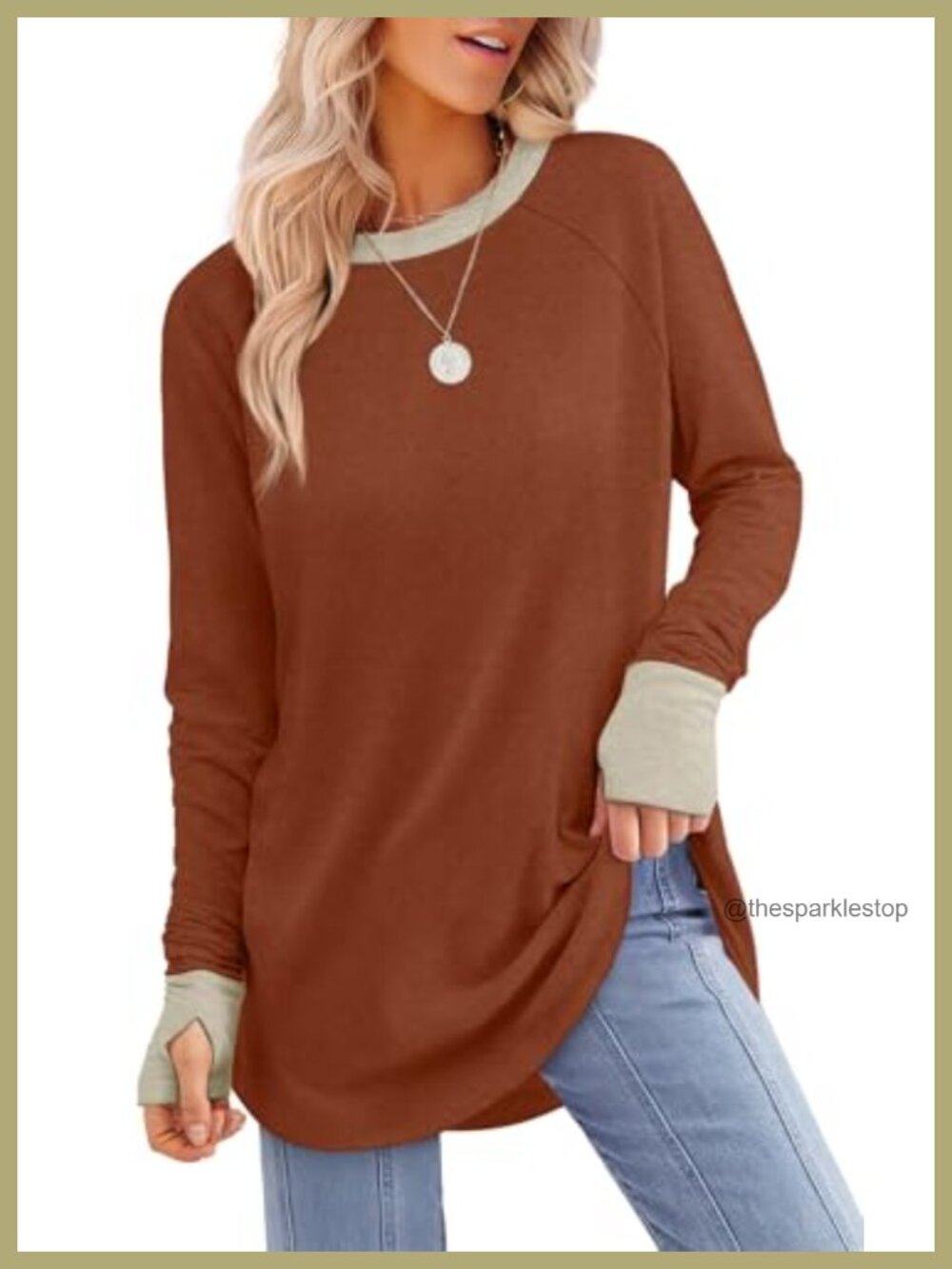 Womens Tunic Top Long Sleeve Thumb Hole Crew Neck Curved Hem Loose Fit